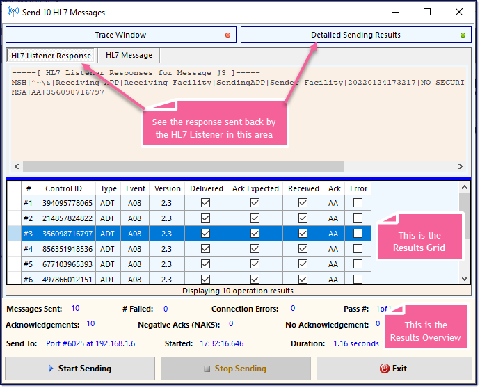 Sending Window - Reviewing Results Sending Window - Reviewing Results