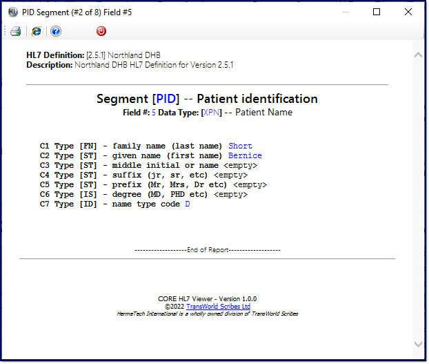 Example Report for a HL7 Field Example Report for a HL7 Field