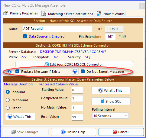 CORE MS SQL Message Assembler Window
