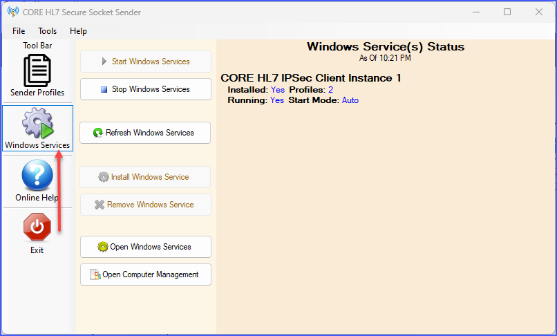Showing the Windows Service Showing the Windows Service