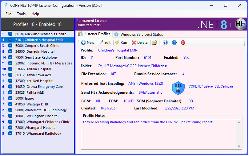 CORE HL7 Listener Main Window