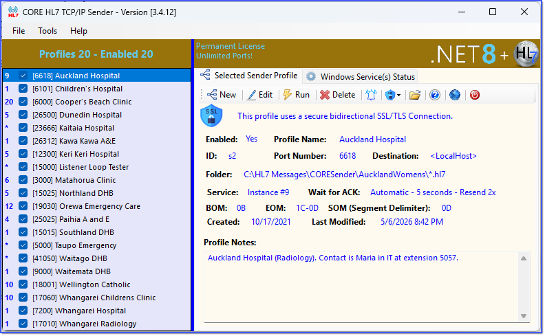 CORE HL7 Sender Main Window